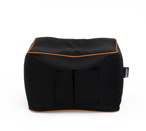 BuBiBag Sitzsack Hocker Rechteckig gefüllt 35x50x40 cm – Gaming Sitzwürfel mit Seitentaschen – Robuster Fußhocker Indoor & Outdoor – Schwarz mit farbigem Rand (10 Farben) (Schwarz - Neonorange)
