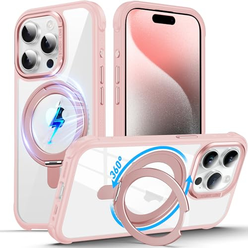 DASFOND für iPhone 15 Pro Max Hülle, [Kompatibel mit MagSafe ] 360°Magnetischer Ständer Militärschutz Schlankes, Stoßfeste Kratzfeste Handyhülle für iPhone 15 Pro Max Case All-in-One, Transparent Pink
