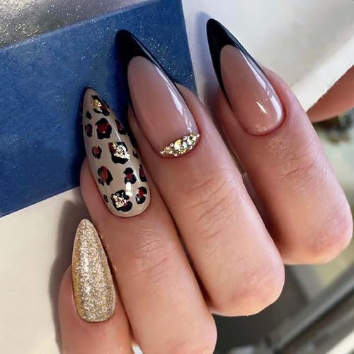 Glamorous Stiletto Press On Nails with Glossy Leopard Print & Glitter Rhinestone Designs - 24Pcs Reusable French Tip Artificial Nails Kit for Almond Shape DIY Manicure, Easy Application for Parties