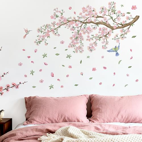 Pomodee Wandtattoo Groß Pfirsichblüte rosa Baum,Hängende Blüten Wandsticker | Hängende Blüten, Äste und Vögel – Wandaufkleber für Schlafzimmer, Wohnzimmer, Sofa, TV Hintergrund, traumhaft