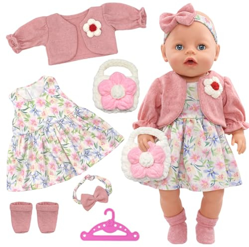 6 Stück Puppenkleidung für 35-43cm Baby Puppen Süße Frisch Baby Kleidung Puppen für 14-17Zoll Babypuppen mit Kleid Mantel Stirnband Tasche Socken Kleiderbügel 43cm Puppen Outfits Geschenke für Kinder