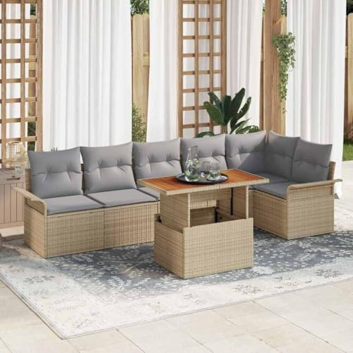 Owoxanthellate 7-TLG Garten Loungemöbel Set Beige Poly Rattan Modular Eckbank Wetterschutz Sofa Garnitur mit Stauraum für Terrasse Balkon Outdoor Sitzgruppe Essbereich