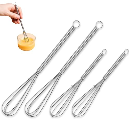 Alinw 4 Pcs Mini Whisk, Hand Balloon Whisk, Small Stainless Steel Whisks for Drinks, Cooking, Egg, Whisking, Blending, Gravies, Drinks, Shakes & Toppings (2 Size)