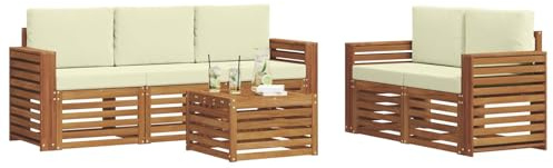 vidaXL Sofagarnituren 6 pcs Natur und Creme Massivholz Akazie, Moderne Gartenmöbel, strapazierfähiges Outdoor-Sofa, Lounge-Set für die Terrasse, bequemes Sitzen draußen