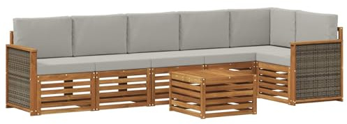 vidaXL Ecksofa Set 7 pcs Natürlich und Hellgrau Massivholz Akazie, Garten Lounge, Moderne Outdoor-Sofa Sets, modulare Sofas, Essbereich, Holz Sitzgruppe, Terrasse Ideen