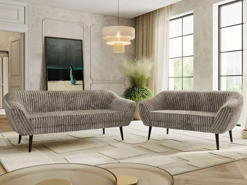 MKS MEBLE Sofagarnitur PIRS 3 + 2 - Couchgarnitur im skandinavischen Design, Gesteppte Polsterung, Wellenfederung, Wohnzimmer Sofa Set - Schwarze Beine, Hellbraun Cord