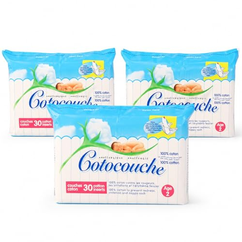 Cotocouche Inserts Coton Bébé – Lot de 3 Paquets de 30 (90 Inserts) – 100% Coton – Taille Age 2 – Voile de Protection pour Couche