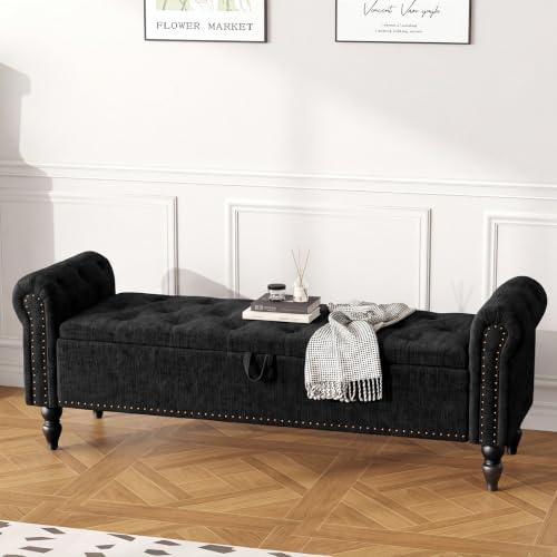 Ckaff Banc de Rangement 160cm, Banc Bout de Lit Coffre de Rangement, Repose-Pieds Pouf avec Espace de Rangement en Chenille pour Chambre à Coucher Salon Couloir Entrée, Noir