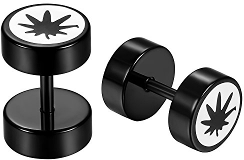 JewelryWe Schmuck Herren Ohrringe, Edelstahl Ahornblatt Blatt Fakeplugs Fake Plug Tunnel Ohrstecker Ohr Piercing, Schwarz Weiß
