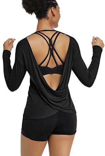 Muzniuer Damen Langarm Workout Shirts rückenfrei Yoga Shirts Cross Back Open Shirt - Schwarz - Klein
