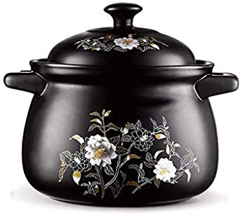 SGSG Cazuela de cerámica con Tapa, diseño Floral Olla de Barro Olla de Barro Cuenco de Sopa de Cebolla Olla de Sopa Coreana Bibimbap Olla de Sopa Negro 3.8 Cuartos 5.5 Cuartos