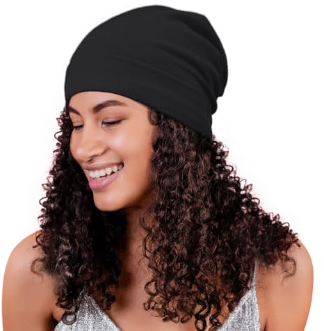Satin gefütterte Skull Cap Slouchy Beanie Winter Strickmütze für Locken Locken - Schwarz - Einheitsgröße