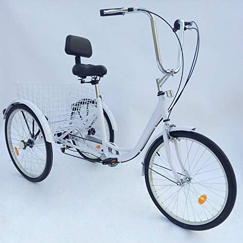 Dreirad Für Erwachsene 24 Zoll 3 Rad Fahrrad Dreirad mit Einkaufskorb,6 Gang Dreirad Trike Bike Radfahren für Erwachsene und SeniorenOutdoor-Sport, Einkaufen(weiß)