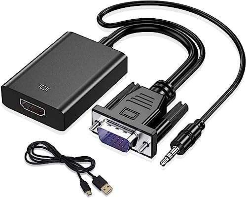 SZJUNXIAO Adaptateur VGA vers HDMI, 1080P HD Convertisseur VGA Mâle vers HDMI Femelle Câble en Charge avec câble Audio 3,5 mm et câble d'alimentation USB pour PC et Laptop à HDTV