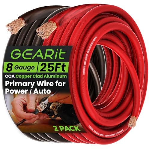 GearIT 8 Gauge 25ft Black/Red CCA Wire - For Automotive Power/Ground, Battery Cable, Car Audio, RV, Trailer, Amp