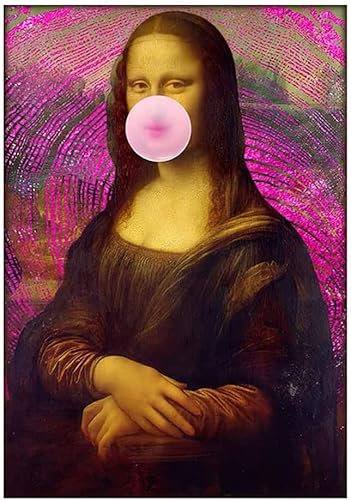 Illustrations De La Joconde, Art Mural Femme Abstraite Moderne Portrait De La Joconde avec Une Bulle De Chewing-Gum Rose Photo Impression sur Toile Pop Art Décoration, sans Cadre,70 × 100cm