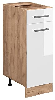 Vicco Küchenunterschrank R-Line, Weiß Hochglanz/Goldkraft Eiche, 30 cm ohne Arbeitsplatte