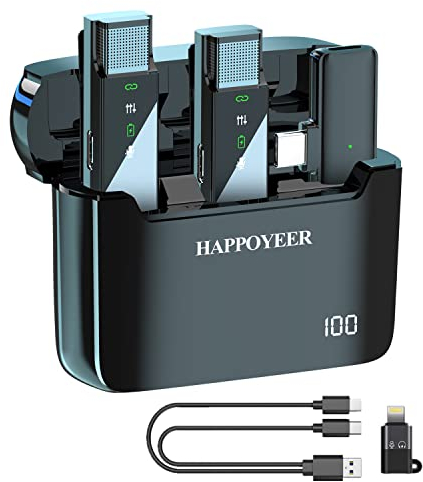 Wireless Lavalier Mikrofon, HAPPOYEER Prox LED Bildschirmanzeige und Ladebox für iPhone/iPad/Type-C Android 2,4GHz Auto Sync,Mini Clip On Lapel Mikrofon für Vlogging Interviews Live Streaming