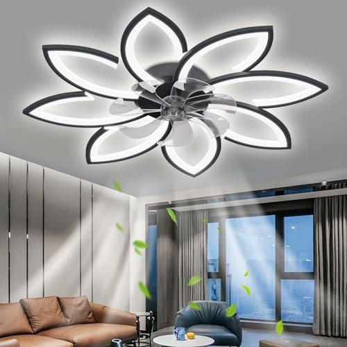 OMGPFR Modern Mute Ceiling Fan with Light, LED Dimmable Fan Ceiling Lamp with Control, Ceiling Fan Lighting for Living Room Dining Room Bedroom, Adjustable 6 Speeds, 3000K-6500K, Black 90CM