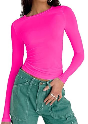 OYIGELZ Women's Basic Long Sleeve Shirt Crop Top Y2K T-Shirt Slim Fit Casual Tee Tops Streetwear(Pink-a,M)
