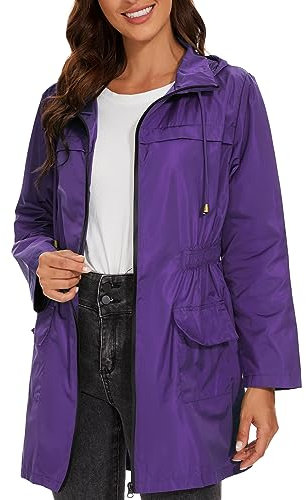 American Trends Giacca antipioggia da donna, impermeabile, con cappuccio, da viaggio, ripiegabile, leggera, a vento, Viola, Small
