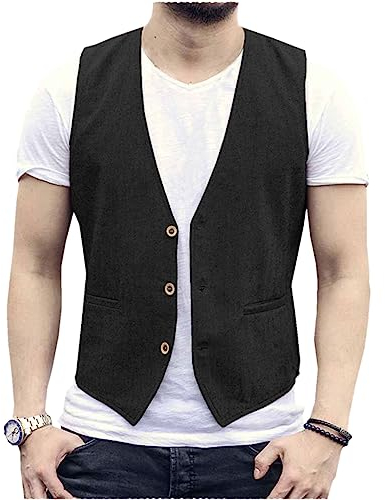 AeoTeokey Herren Sommer Leinenweste Anzug Weste Casual Weste Regular Fit(Schwarz,L)
