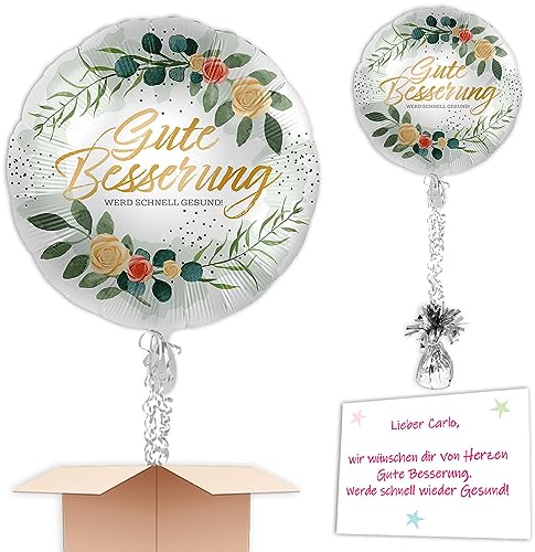 Ballongruß inkl. Heliumfüllung Gute Besserung Werd schnell gesund! rund silber u. Rosen komplett mit Schmuckband u. Ballongewicht