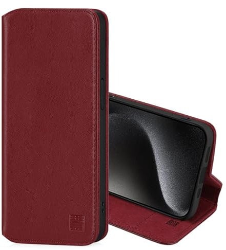 32nd Classic Series 2.0 - Real Leather Book Wallet Flip Case Cover For Apple iPhone 15 Pro (6.1), With RFID Blocking Card Slot, Magnetic Closure and Built In Stand - Burgundy