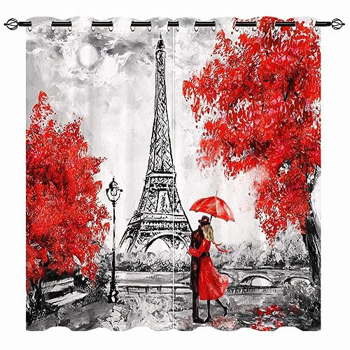 YUANZU Paris Vorhänge Ölgemälde Eiffelturm Schwarz&Weiß&Rot Ösen Gardinen Blickdichte Vorhang Kälteschutz Blackout Curtain Mädchenzimmer Schlafzimmer Verdunkelung Fenster, 2 Stück, H 175 x B 140 cm