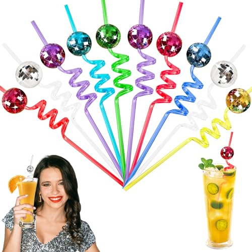 10Pcs Mirror Disco Ball Straws, Reusable 8 Color 70s Disco Party Decorations Mini Disco Balls Straw Cups Glitter Ball, Disco Accessories Mirror Ball for Dance Birthday Supplies