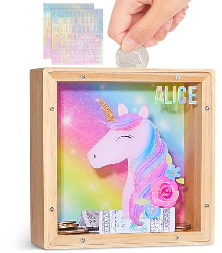 MHJY Spardose für Kinder, hölzerne Sparschweine für Mädchen Jungen Einhorn Sparbüchse Acryl mit DIY Alphabet Aufkleber