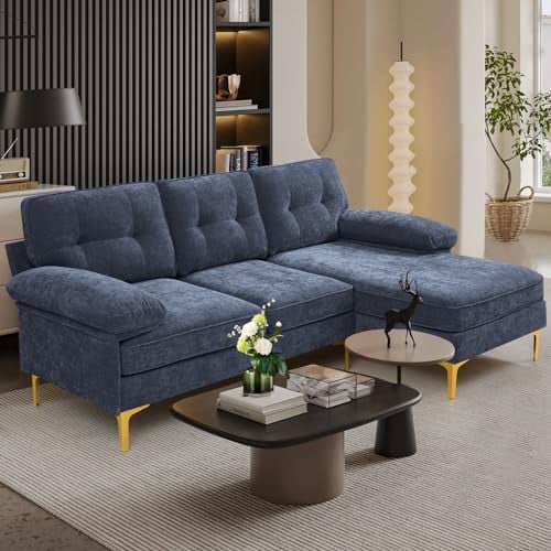 MEROUS Ecksofa - Chenille Sofa Polsterecke Couch in L-Form - Waschbare Kissen - Chaiselongue beidseitig montierbar - 210cm Breit Eckcouch Klein mit 3 Sitzer für Wohnungen/Wohnzimmer - Marineblau