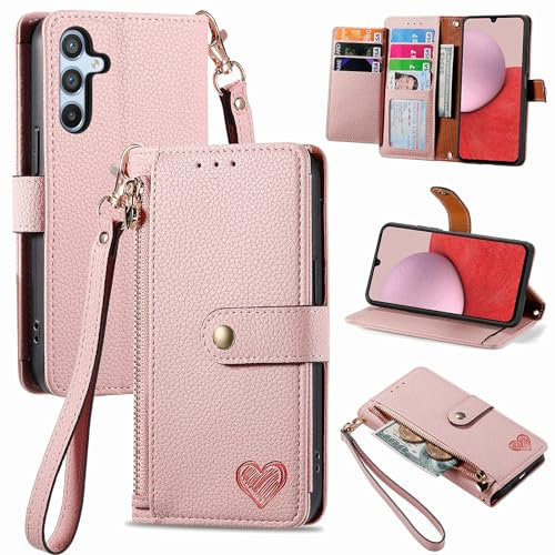VEEMOS Handyhülle für Samsung Galaxy A14 5G 4G Hülle Klappbar Klapphülle Schutzhülle mit Kartenfach RFID Reißverschluss Handy Tasche Leder Flip Case Cover Handytasche Frauen - Rosa
