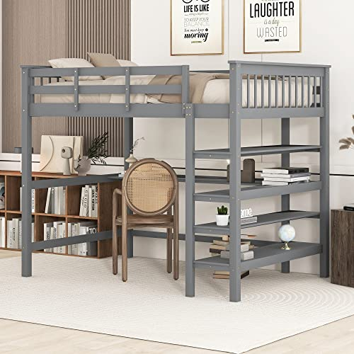 Hochbett 140 x 200 mit Ablagefächern und einem integrierten Schreibtisch, Kinderbett mit Lattenrost und Stauraum, Funktionsbett Jugendbett mit Rausfallschutz, Bettgestell aus Holz, ohne Matratze,Grau