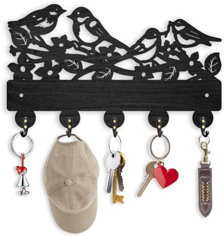 ORIGACH Hölzerne Vogel-Schlüsselhaken mit 5 Metallhaken Schlüsselhalter für Wand 30×16.9cm Vögel auf blühenden Zweigen Wandmontierte schwarze Kleiderbügel für Haustür Küche Eingang Schlafzimmer