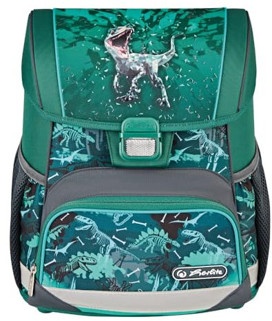 Herlitz Loop Green Rex Schulranzen, Rucksack für Kinder, Schulrucksack 17L, Kinderrucksack, Leicht Schultasche für Jungen, Reflexmaterial, Schnallenverschluss, Ergonomische Form, Grün