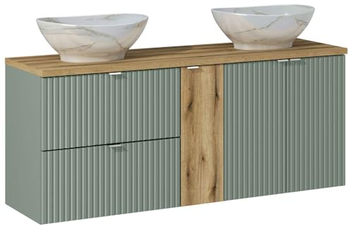 Lomadox Badezimmer DoppelWaschtisch mit Keramik-Waschbecken 140cm in grün und Eiche