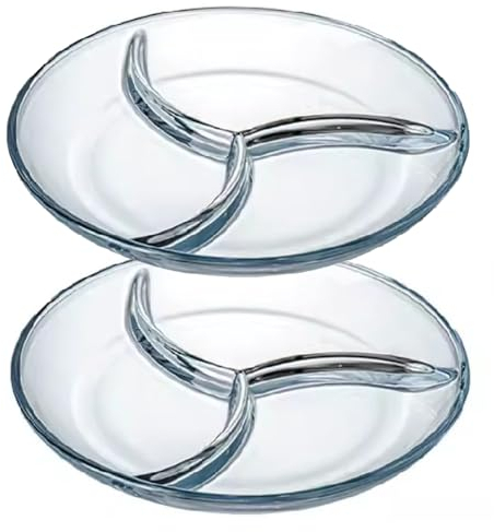 TAMUME Lot de 2 assiettes rondes en verre avec 3 compartiments pour le contrôle des portions 22,9 cm