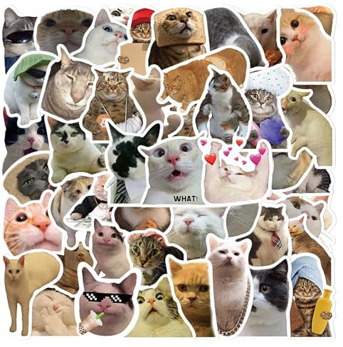 Funny Cat Stickers Set 50 Pcs,Cute Cat Decals Sticker,Waterproof Vinyl Aesthetic Cat Shape Stickers Decals for Cat Lovers Water Bottle Phone Snowboard Laptop Luggage Scrapbook Kids Teens Gift