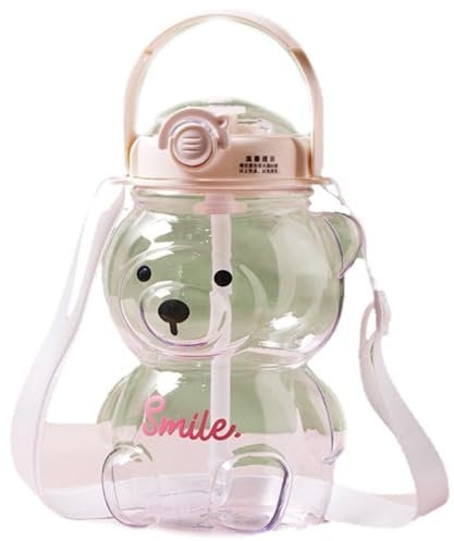 Glixoft 1000ml Large Kawaii Bear Shaped Water Bottle Cute Portable Bear Drinks Bottle with Straw and Strap for School Travel
