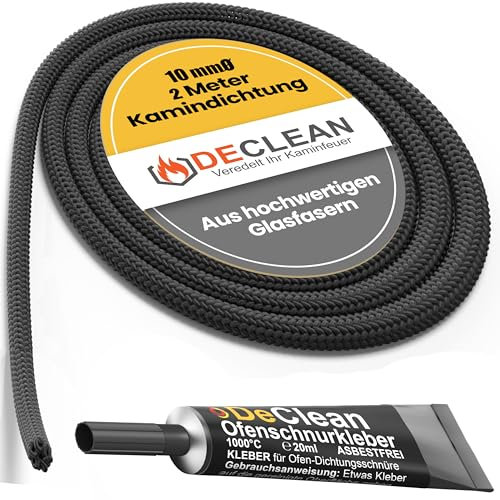 DeClean 2 m Dichtschnur Ø 10 mm Dichtung Glasfaserschnur Türdichtung Ofen inkl.Kleber, feuerfeste Kamindichtung, Dichtschnur für Kamin und Ofen, Fireplace Gasket