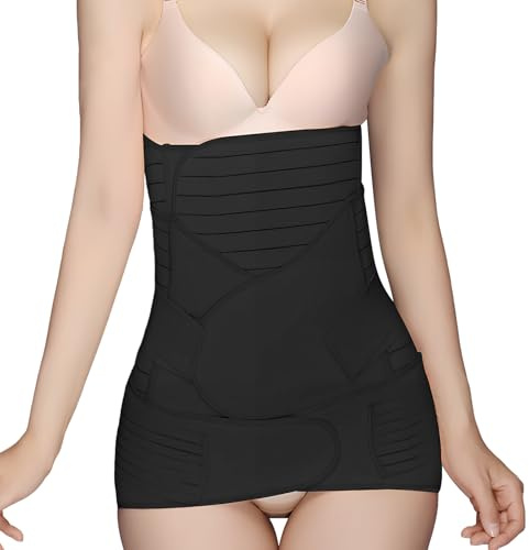 3 in 1 Bauchgurt Nach Geburt, Rückbildungsgürtel M L XL mit Beckengürtel, Atmungsaktive, Bauchband Bauchgürtel Damen, Bandage Nach Schwangerschaft, Bauchstützgürtel Frauen, Schwarz Beige (Schwarz, XL)