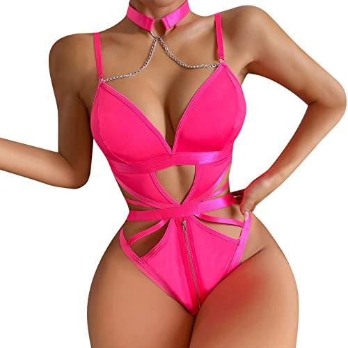 Habit Femme Lingerie Sexy Femme Coquine Hot Lingerie drôle Rose Rouge pour Femmes évider Anneau en Acier Artisanat Sangle Fendue Body sous VêTement Femme Ensemble Menotte Sexy éRotique (Hot Pink, S)