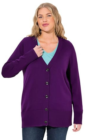 Ulla Popken Damen große Größen Übergrößen Plus Size Strickjacke, V-Ausschnitt, Knopfleiste, Feinstrick Dunkles violett 50+ 791605835-50+