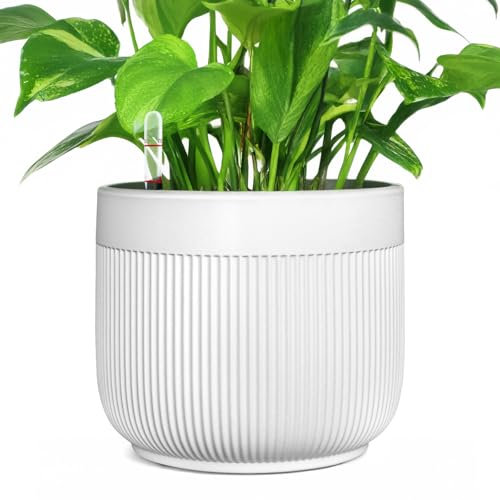 AmiCera Self Watering Ceramic Pots for Indoor Plants, Water Level Indicator with Drainage Hole, Self Watering Planters for Outdoor Use, Large Flower Pot for Easy Care (White)