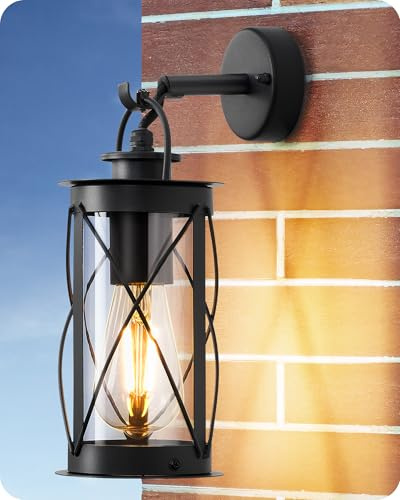 EDISHINE Vintage Outdoor Wall Light Mains Powered IP44 Waterproof, Black | Outdoor Lantern Wall Lights, Kerosene Lamp Styling E27 Socket, Durable Aluminum for Entryway, Garage, Hallway, Black