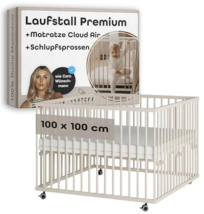 Sämann Laufstall Baby mit Matratze Cloud Air und Schlupfsprossen | TÜV geprüft | stufenlos höhenverstellbar | Laufgitter Premium | Babybett aus Holz | Krabbelgitter (sahara dust, 100x100 cm)
