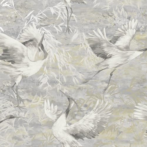 SOPHIE LAURENCE Grey Cranes Wallpaper Textured Metallic Shimmer Vinyl Heavy Weight Feature Wall