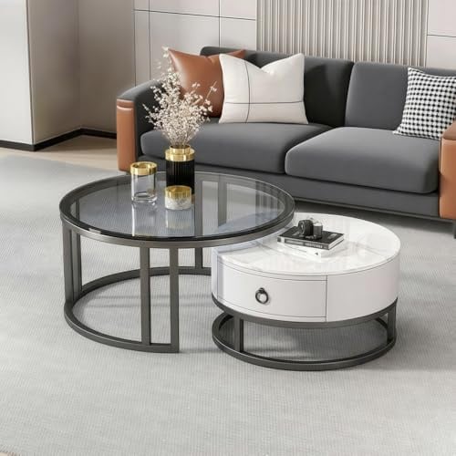 Round Nesting Coffee Tables Set of 2 with Storage Drawer, Modern Coffee Table with Metal Frame, Stacking Sofa Table with Tempered Glass and Rock Slab Top for Living Room Balcony Bedroom, Square White