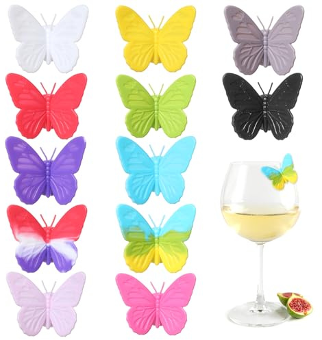 Tweruna 12 PCS Wine Glass Identifier, Silicone Butterfly Charms, Butterfly Wine Glass Markers Multicolored Drink Identifiers Tags for Parties, Saloon, Potlucks, Weddings